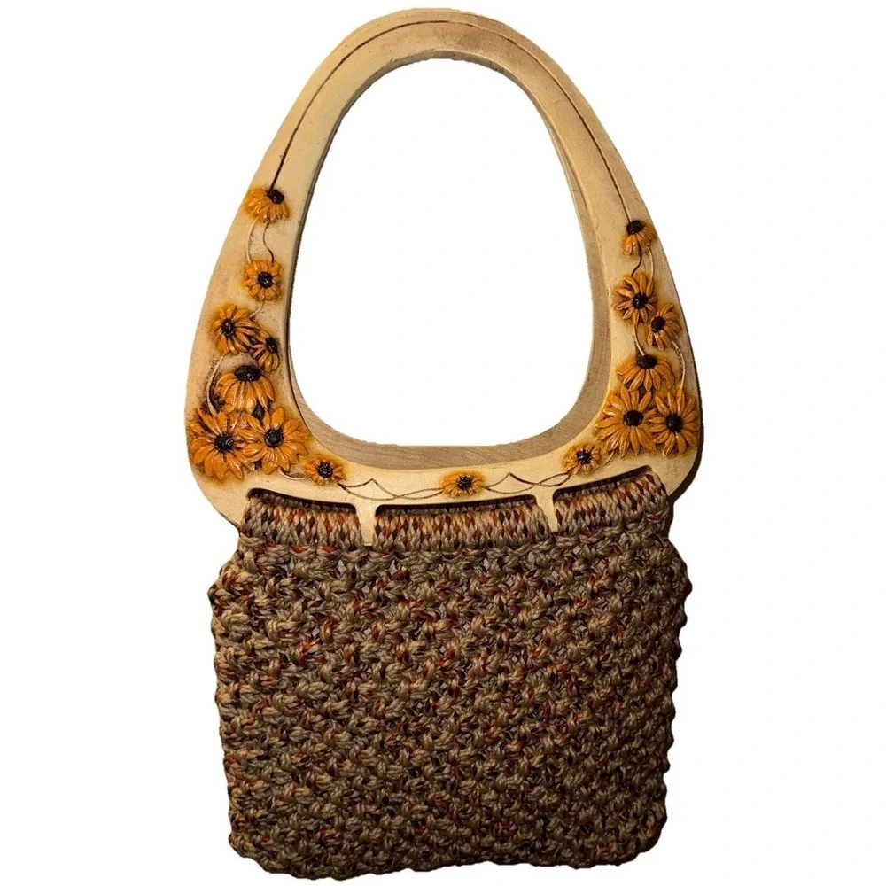 Vtg Handmade Macrame Wood Handle Carved Sunflowers Purse Boho 70's Style